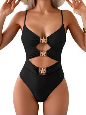 Black Cutout One-Piece Swimsuit with Gold Hardware